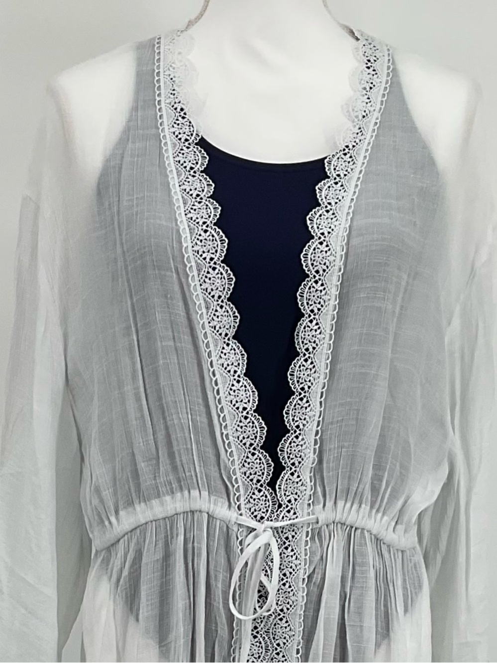 Kimono Sun Swim Cover-up with Lace Trim & Tassel Tie One Size Feminine Sheer ☀️😎